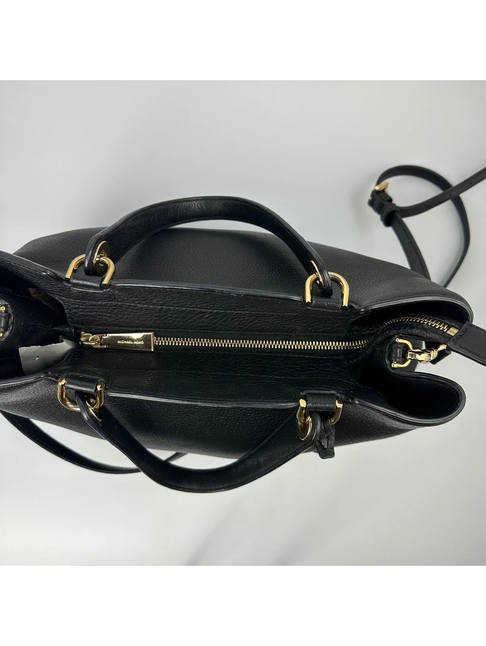 Michael Kors Black Leather Anabelle Large Satchel Handbag with Gold Hardware
